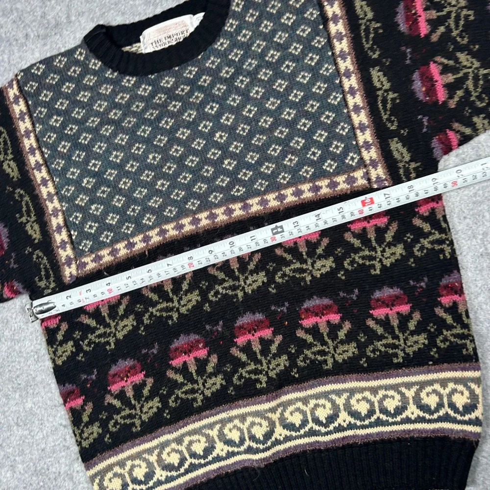 Vintage The Import Workshop Sweater Mens Small Black Floral Fair Isle Knit 90s - Picture 4 of 12